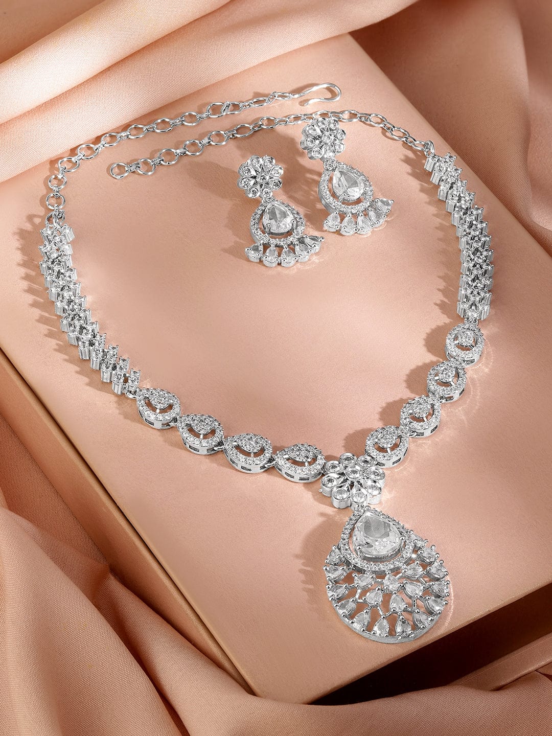 Rubans Rhodium-Plated AD & Cubic Zirconia Studded Statement Necklace Set