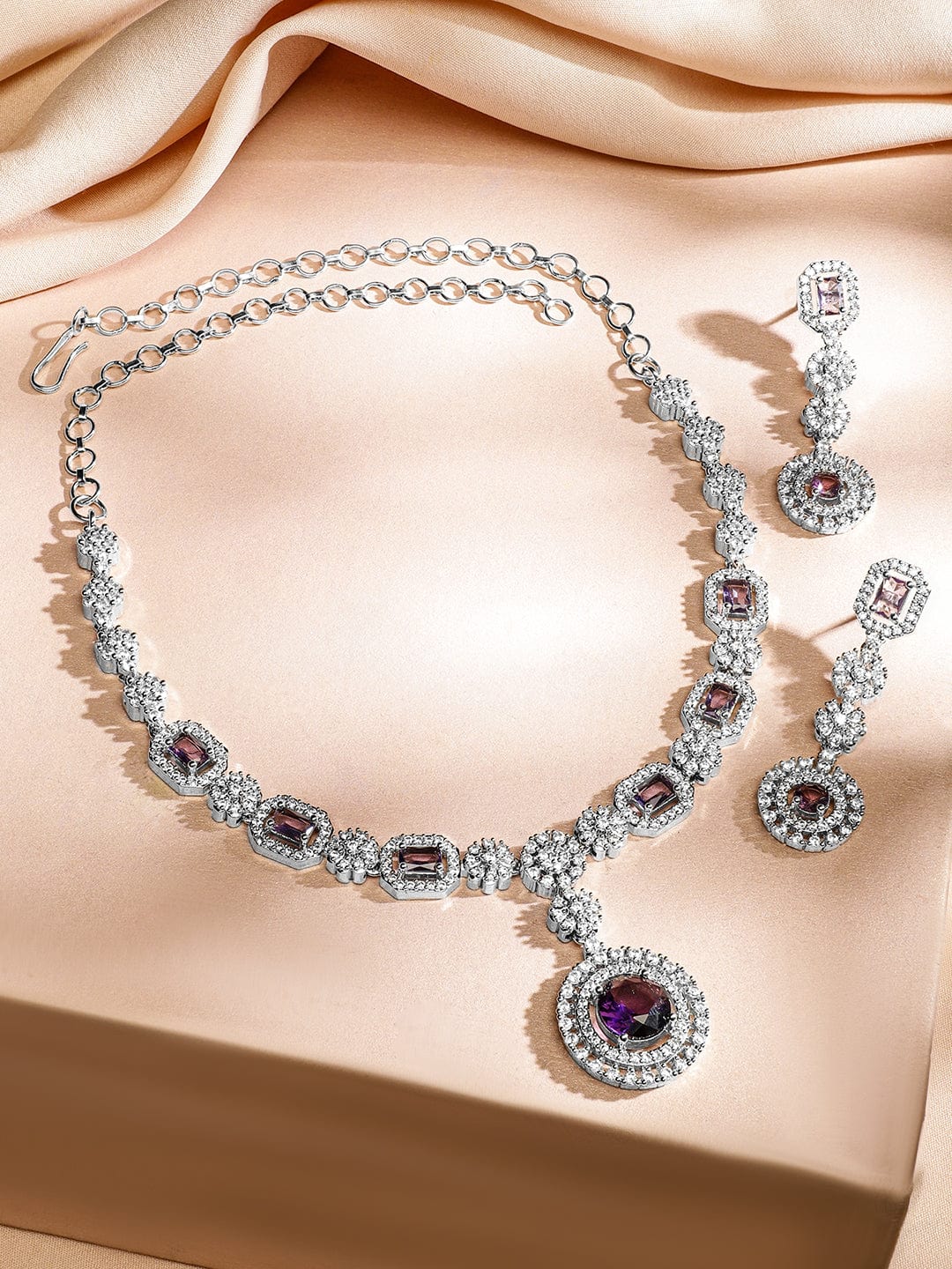 Rubans Rhodium-Plated Amethyst Purple & AAA Cubic Zirconia Luxe Necklace Set in Silver Tone for Women