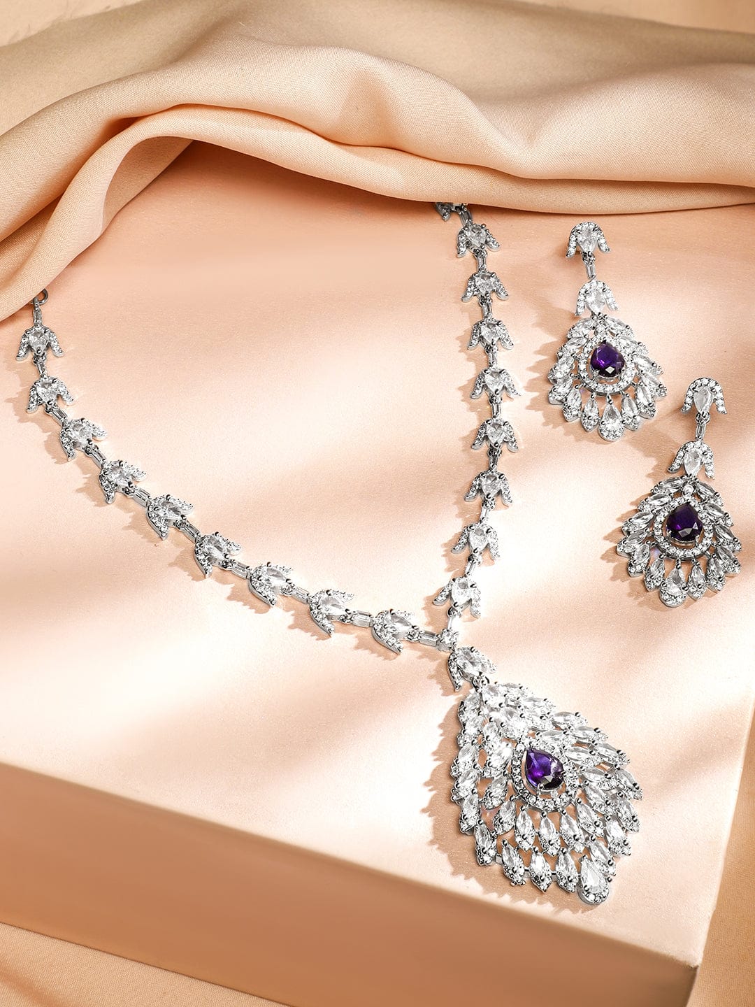 Rubans Rhodium-Plated Amethyst Purple & White Cubic Zirconia Stone Luxe Drop Necklace Set