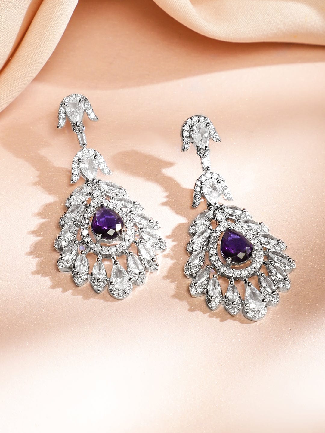 Rubans Rhodium-Plated Amethyst Purple & White Cubic Zirconia Stone Luxe Drop Necklace Set