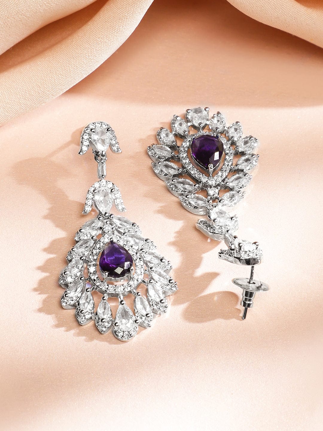 Rubans Rhodium-Plated Amethyst Purple & White Cubic Zirconia Stone Luxe Drop Necklace Set