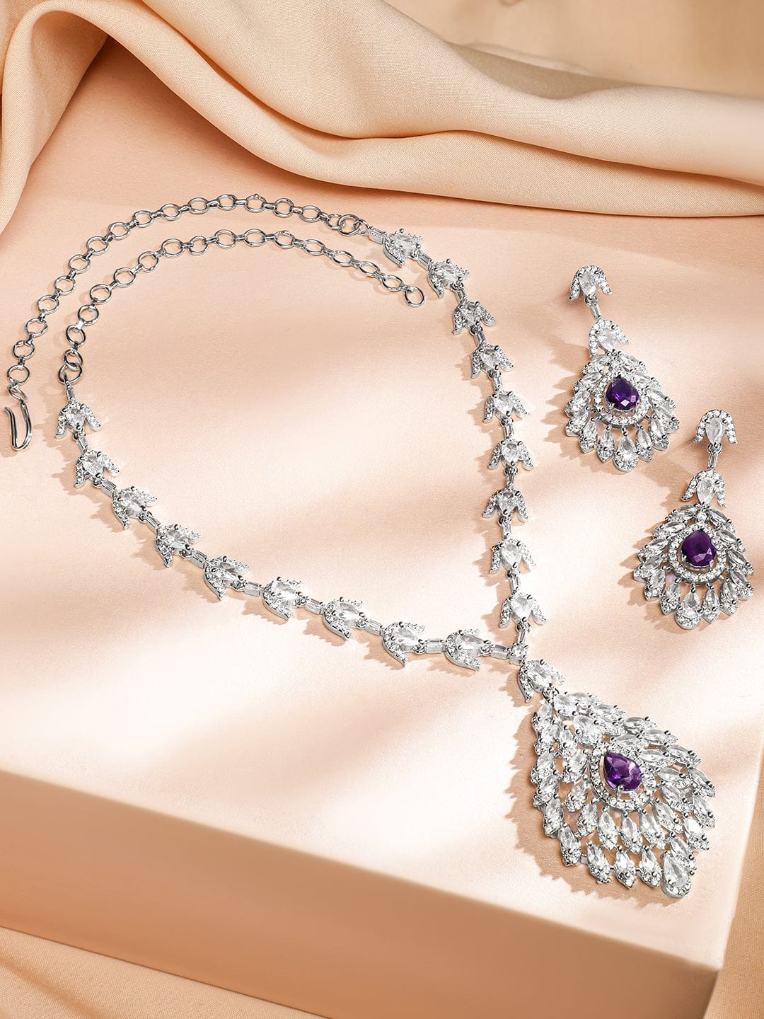 Rubans Rhodium-Plated Amethyst Purple & White Cubic Zirconia Stone Luxe Drop Necklace Set