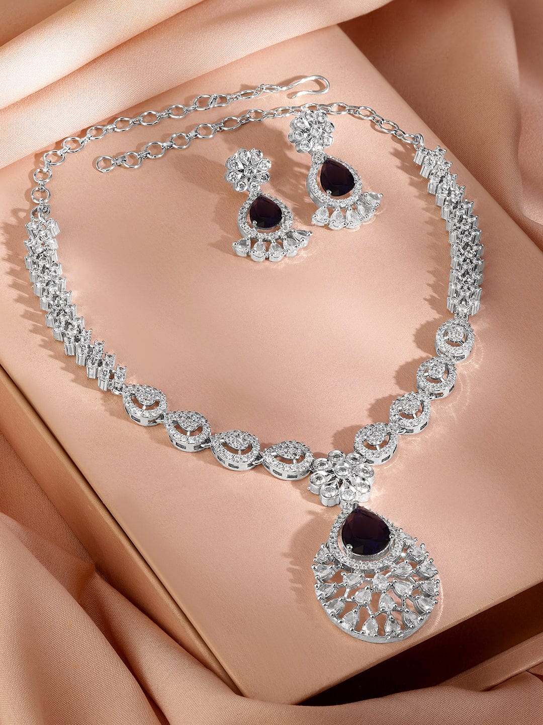 Rubans Rhodium-Plated Black Onyx AD & Cubic Zirconia Studded Necklace Set