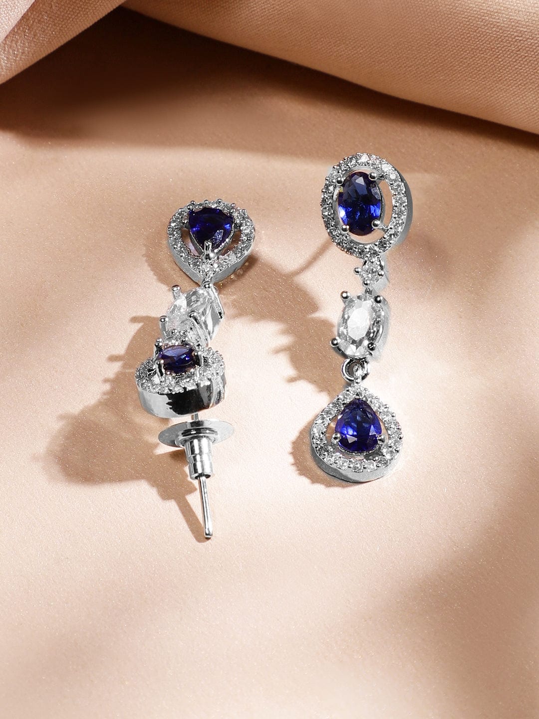 Rubans Rhodium-Plated Blue Sapphire & AAA Cubic Zirconia Studded Halo & Teardrop Design Luxe Necklace Set in Silver Tone for Women