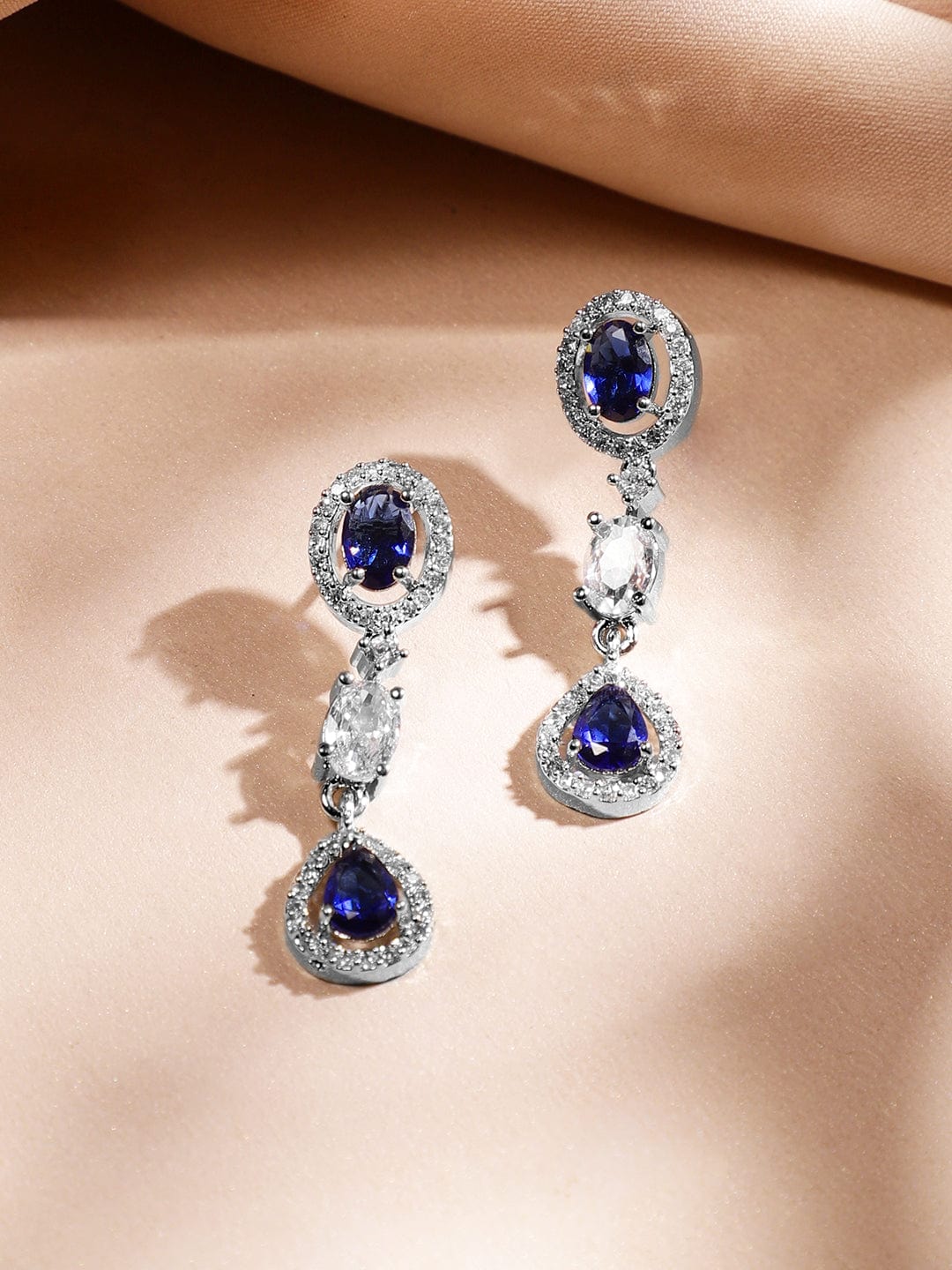Rubans Rhodium-Plated Blue Sapphire & AAA Cubic Zirconia Studded Halo & Teardrop Design Luxe Necklace Set in Silver Tone for Women