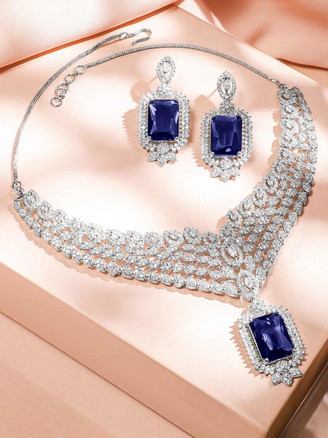 Rubans Rhodium-Plated Blue Sapphire & White Cubic Zirconia Studded Luxe V-Shaped Statement Necklace Set