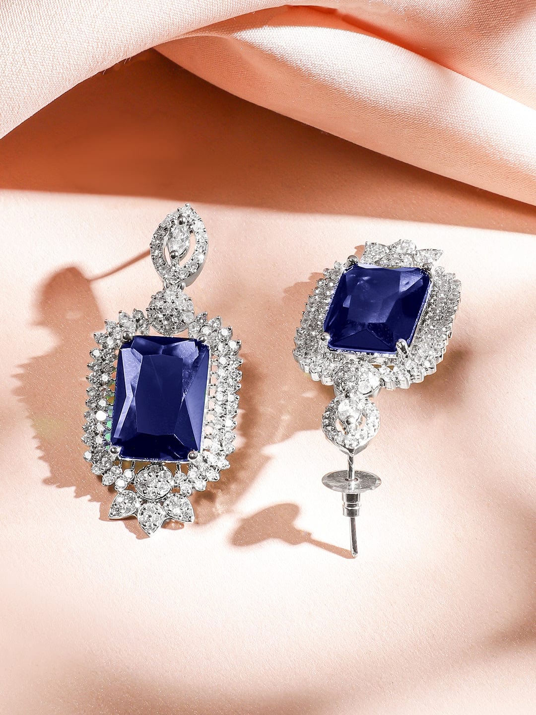 Rubans Rhodium-Plated Blue Sapphire & White Cubic Zirconia Studded Luxe V-Shaped Statement Necklace Set