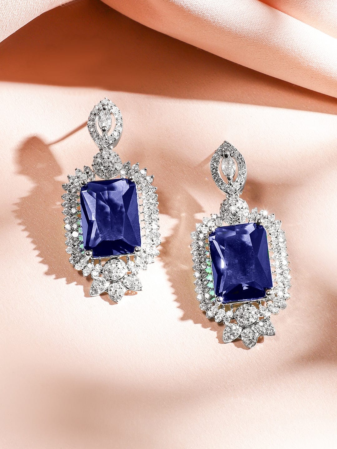 Rubans Rhodium-Plated Blue Sapphire & White Cubic Zirconia Studded Luxe V-Shaped Statement Necklace Set
