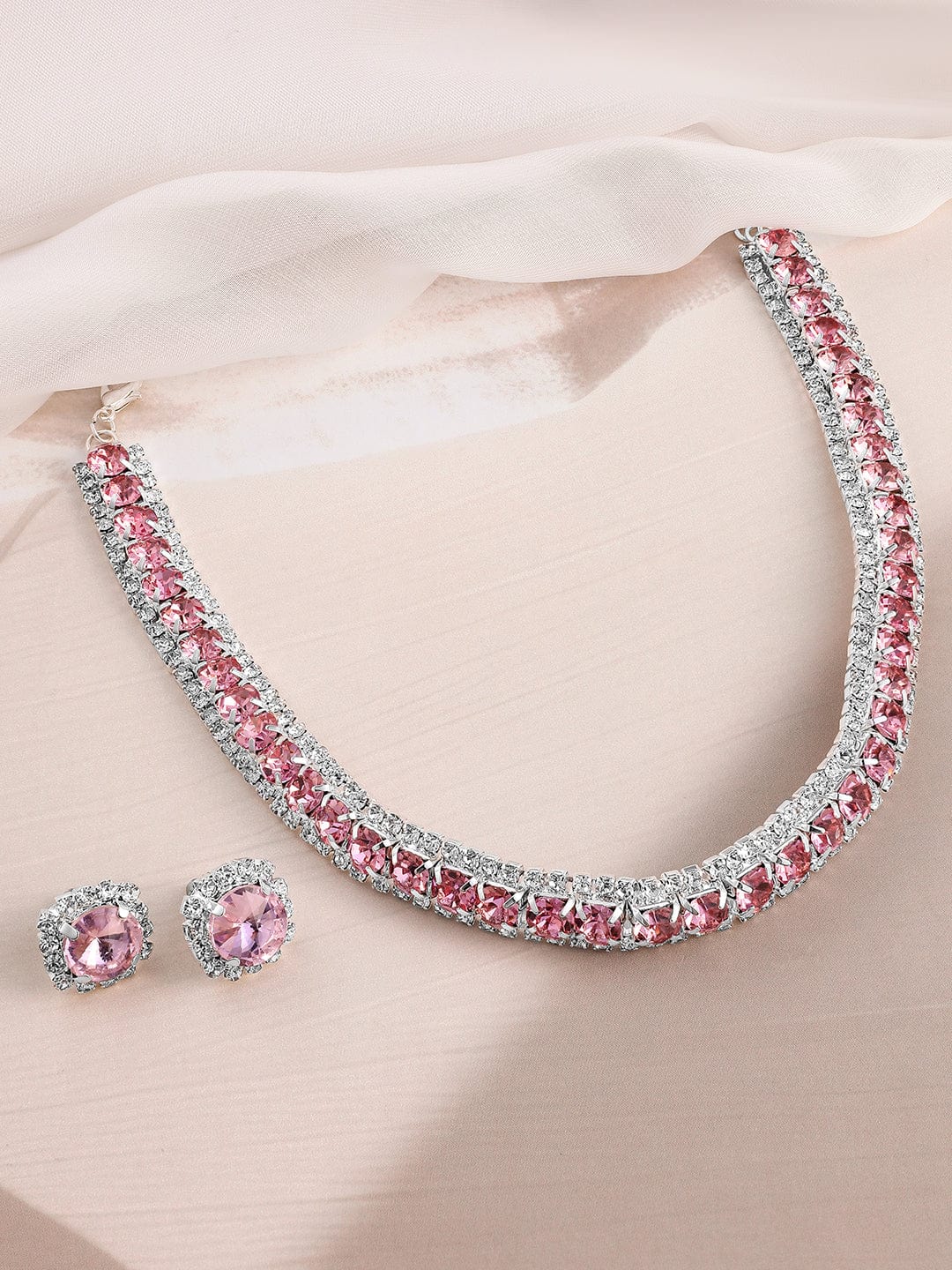 Rubans Rhodium Plated Crystal Pink & White Cubic Zirconia Studded Choker Necklace Set