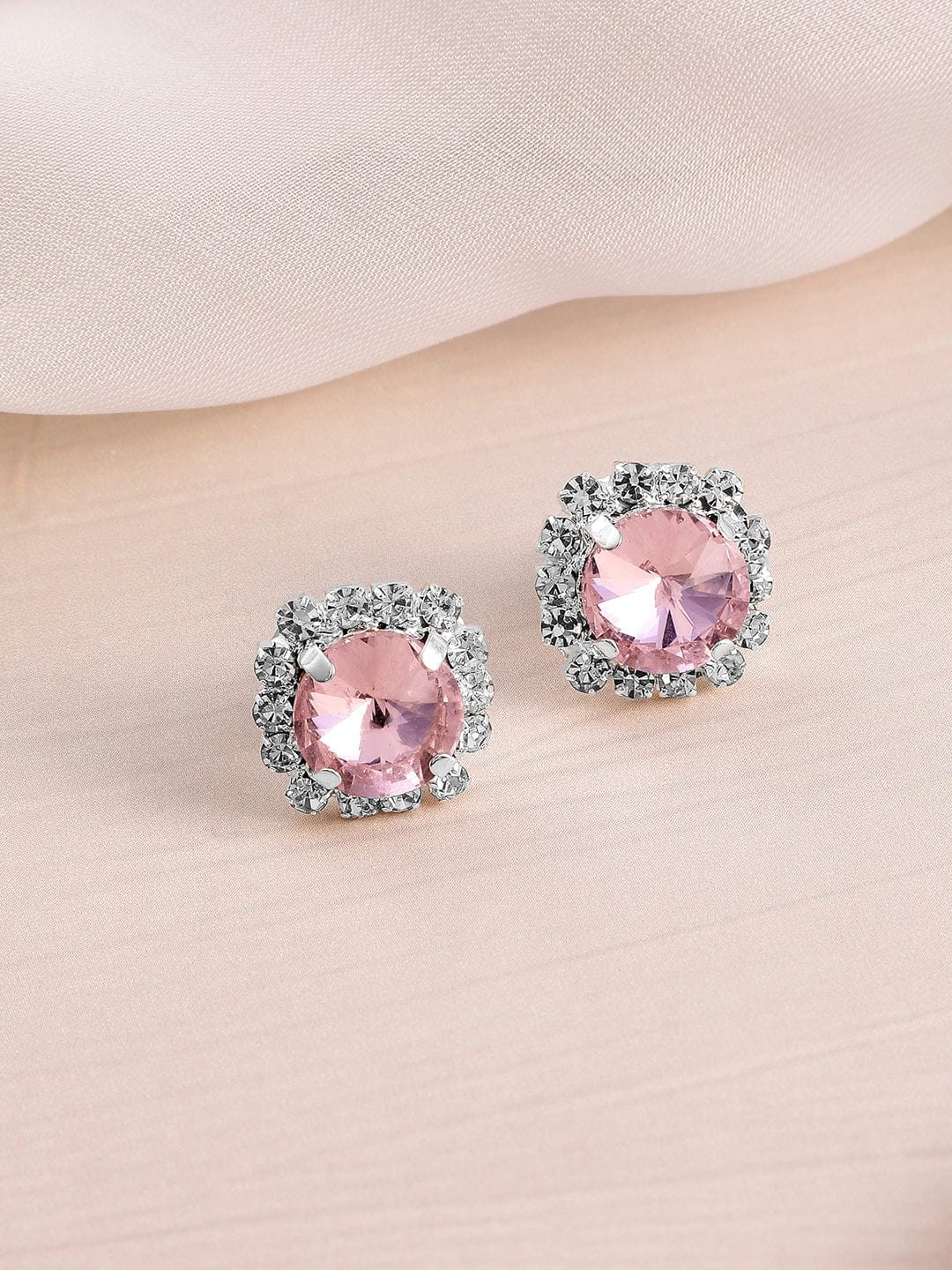 Rubans Rhodium Plated Crystal Pink & White Cubic Zirconia Studded Choker Necklace Set