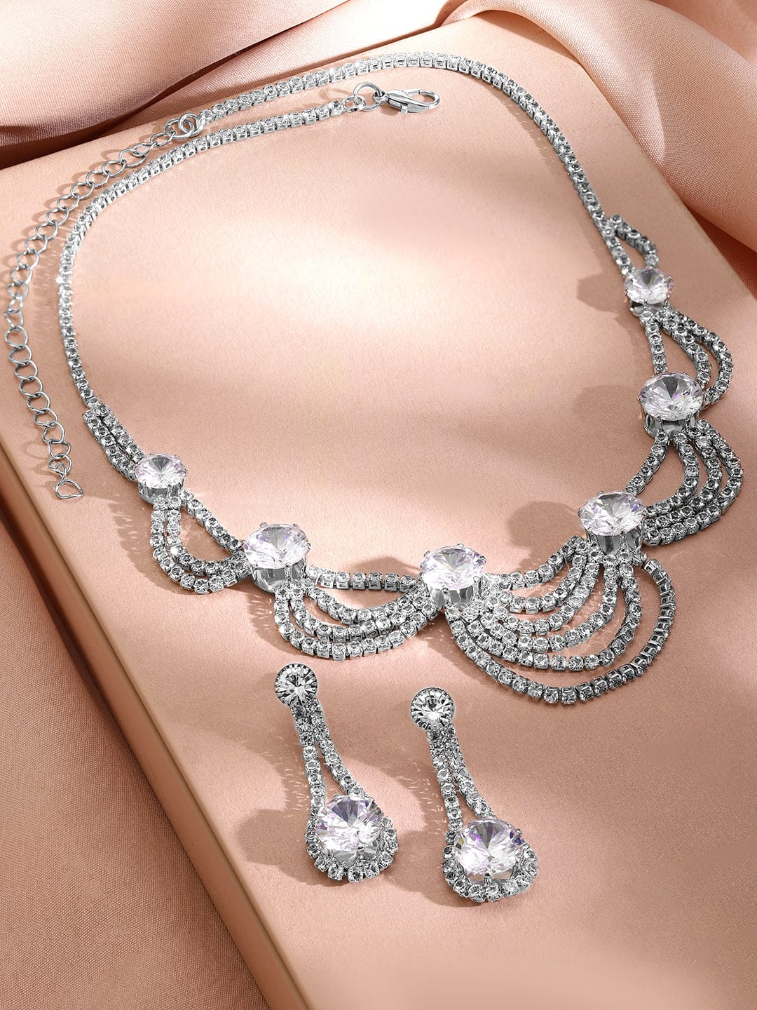 Rubans Rhodium-Plated Cubic Zirconia Studded Elegant Necklace & Earrings Set
