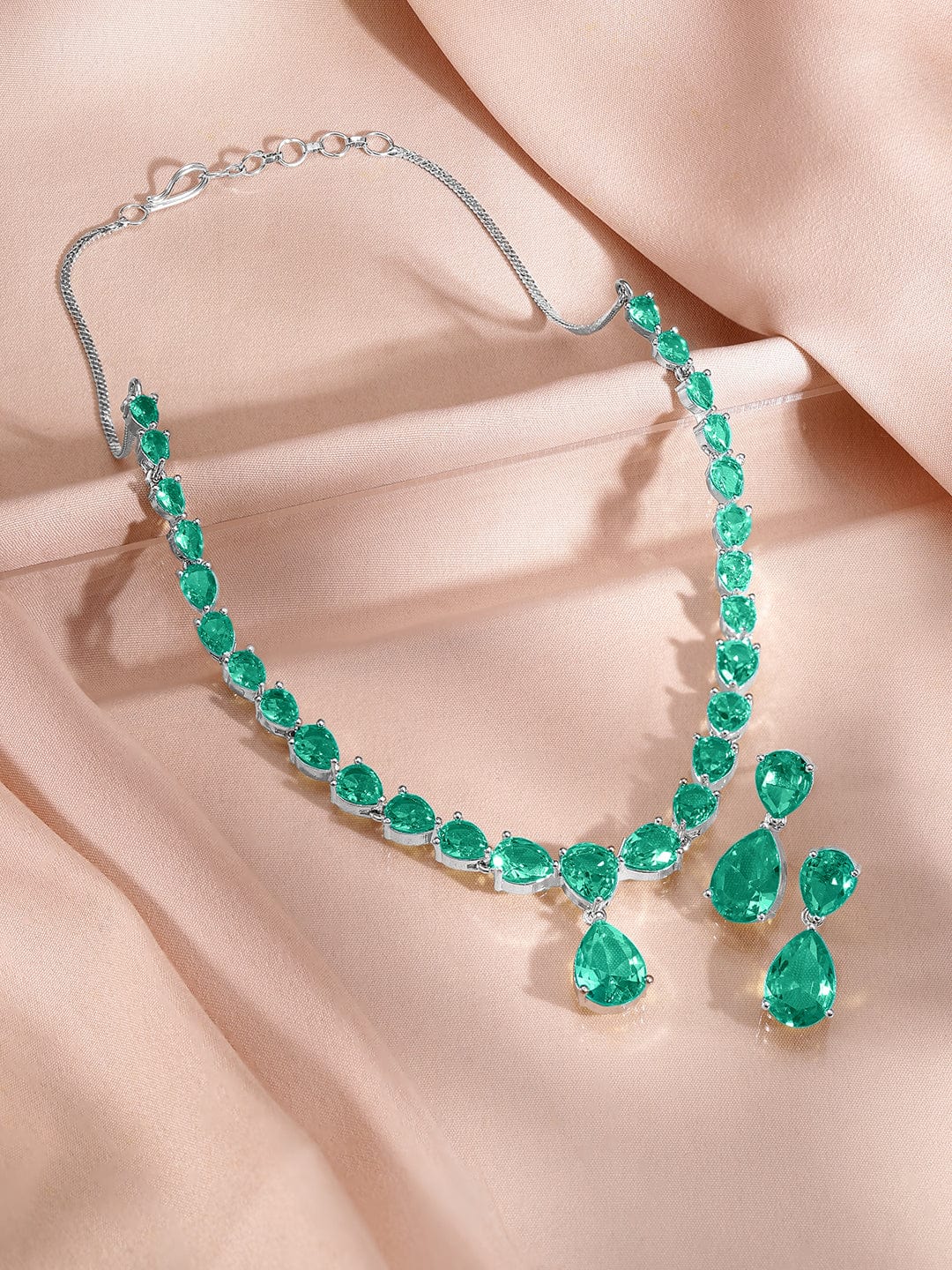 Rubans Rhodium-Plated Emerald Green AD & Cubic Zirconia Studded Necklace Set