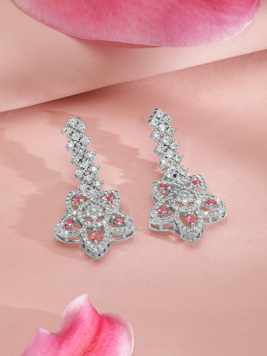 Rubans Rhodium-Plated Floral Shape Sapphire & CZ Studded Necklace & Earrings