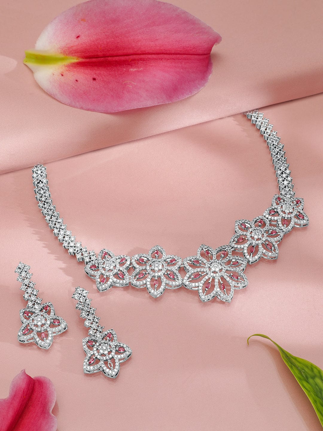 Rubans Rhodium-Plated Floral Shape Sapphire & CZ Studded Necklace & Earrings