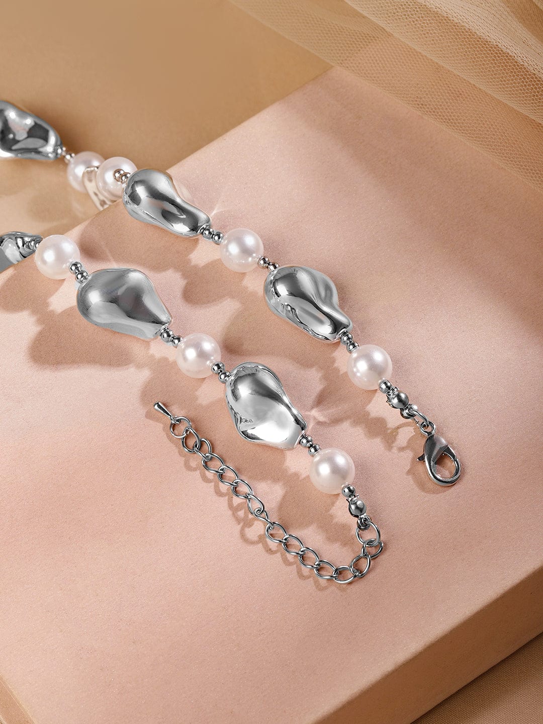 Rubans Rhodium Plated Handcrafted Sculptural Necklace with White Pearls & Silver Accents