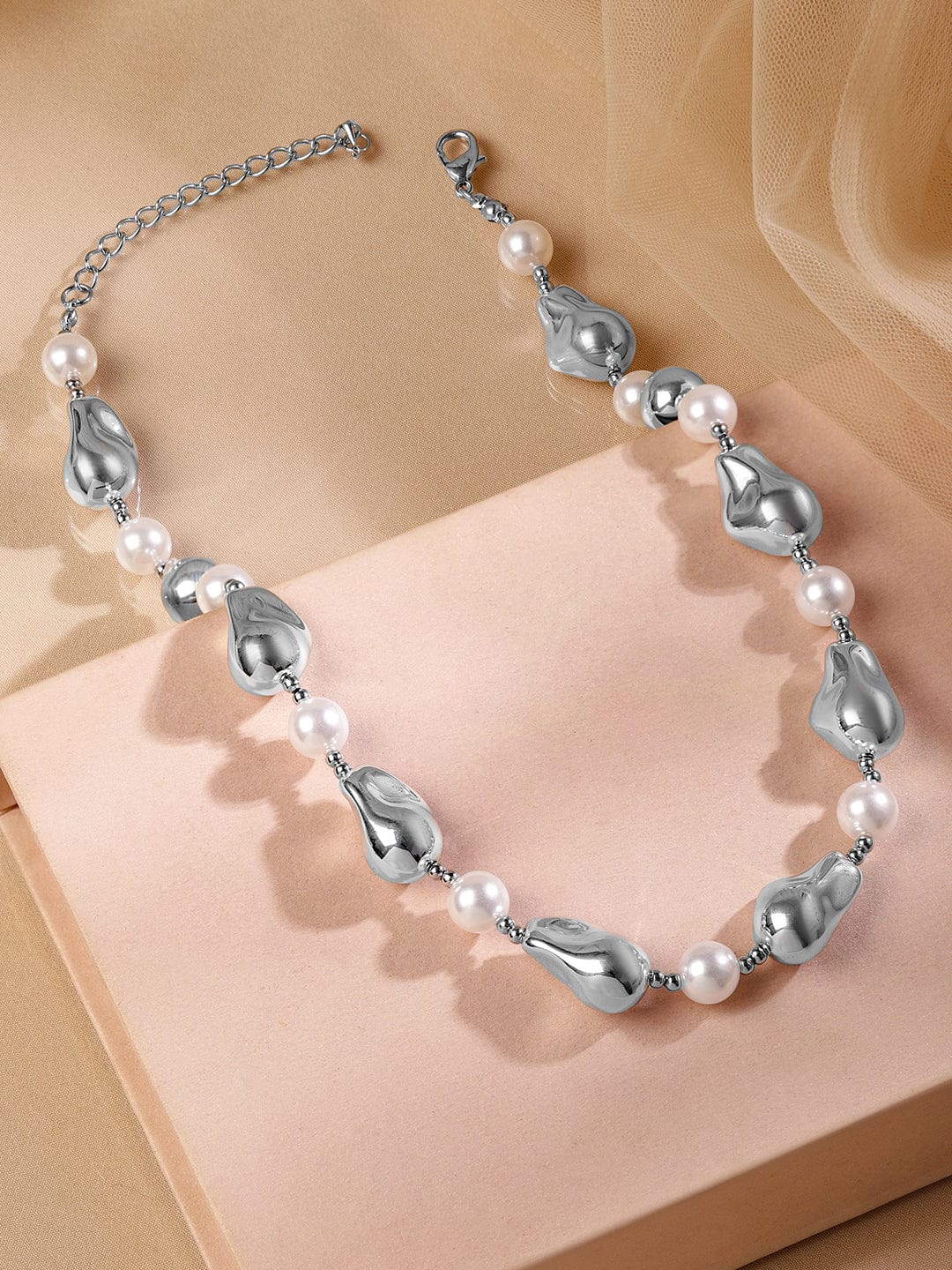 Rubans Rhodium Plated Handcrafted Sculptural Necklace with White Pearls & Silver Accents