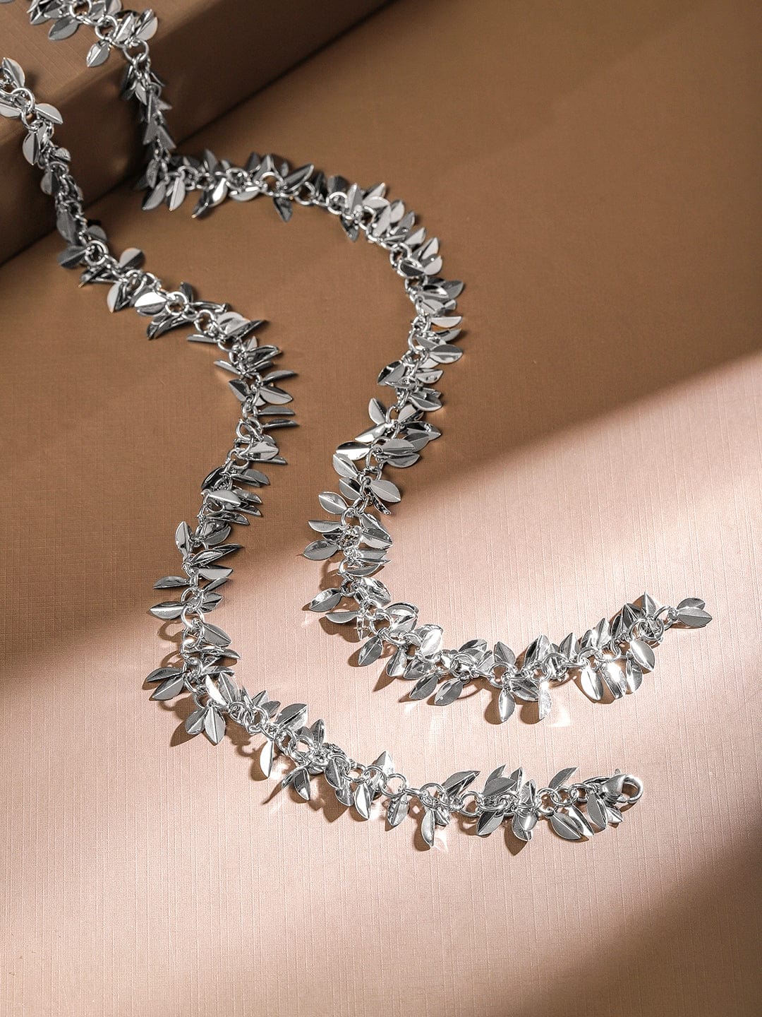 Rubans Rhodium Plated Leaf Motif Y Shaped Bold Statement Necklace