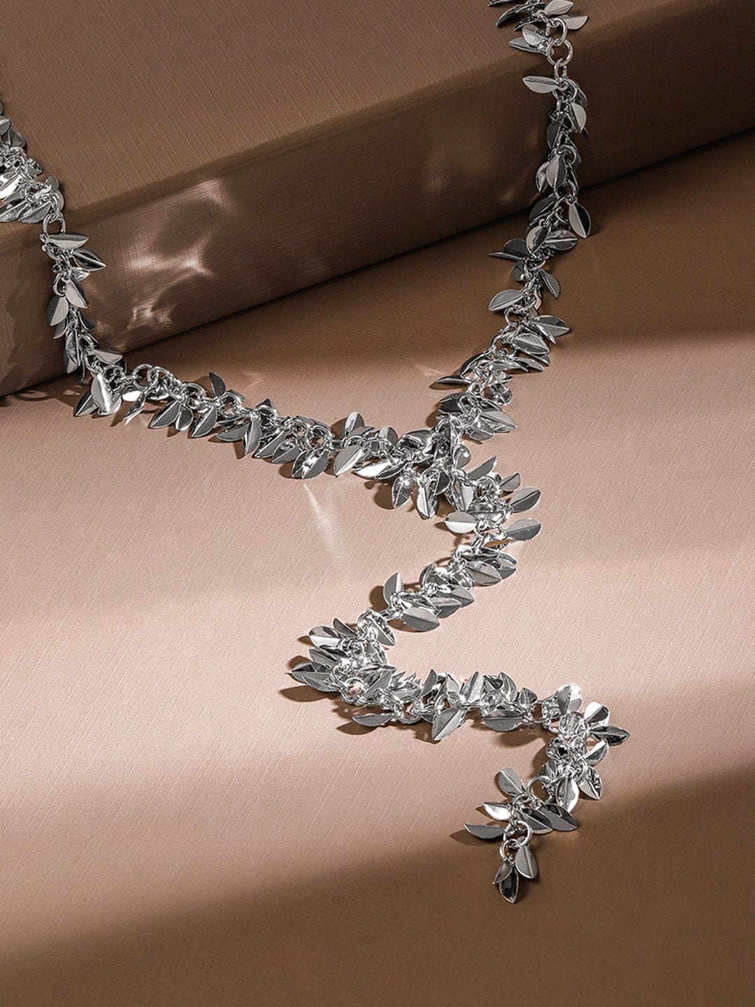 Rubans Rhodium Plated Leaf Motif Y Shaped Bold Statement Necklace