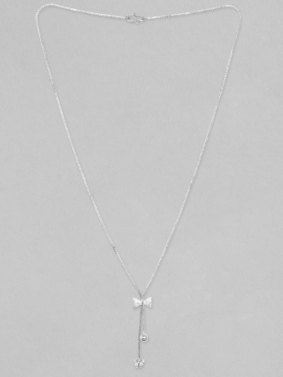 Rubans Rhodium Plated, Minimal Chain Bow Motif Zircons Studded Drop Necklace.