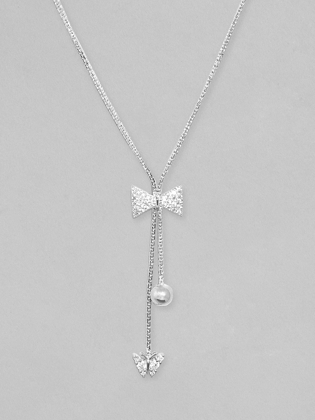 Rubans Rhodium Plated, Minimal Chain Bow Motif Zircons Studded Drop Necklace.