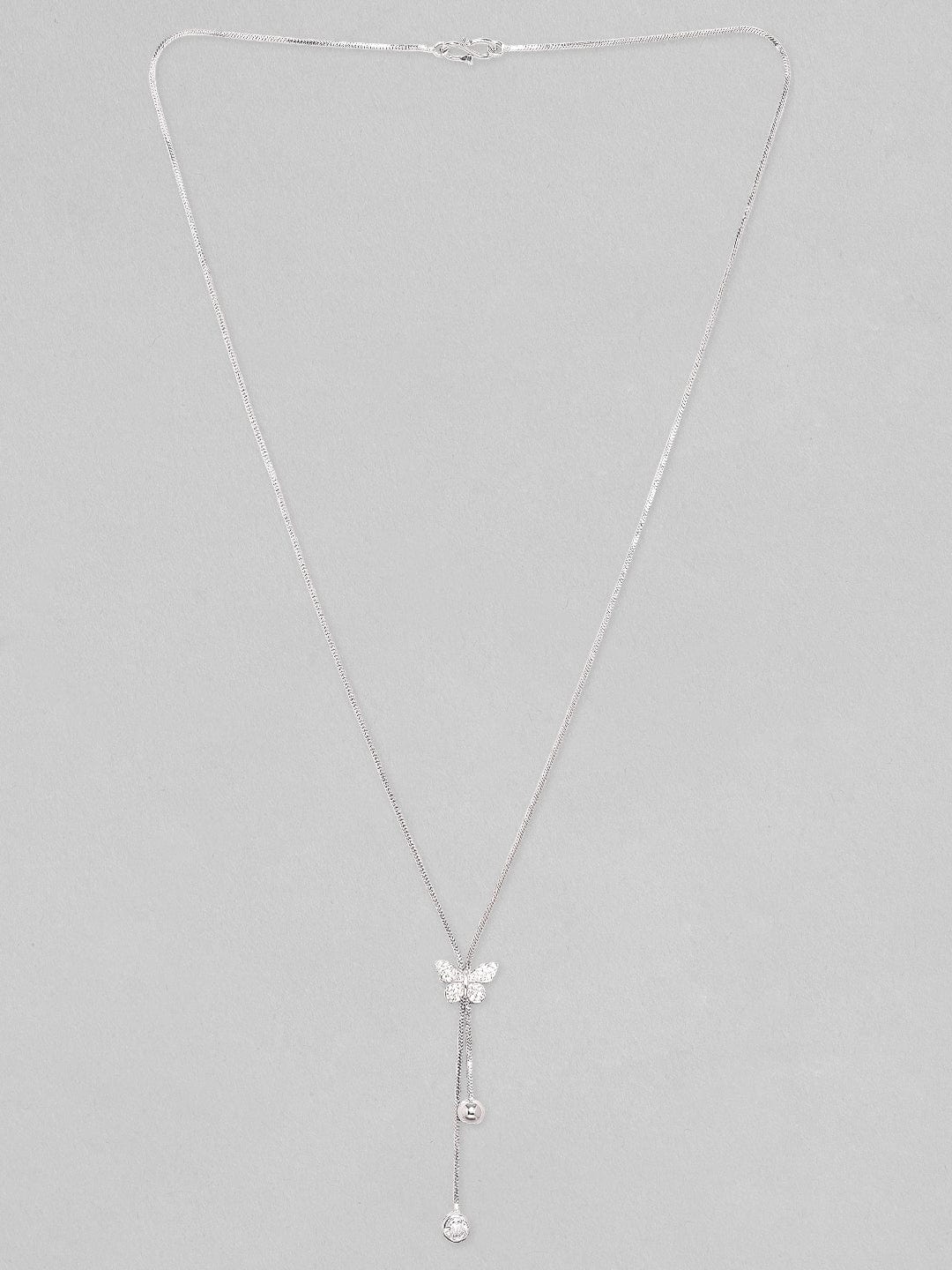 Rubans Rhodium Plated, Minimal Chain Butterfly Motif Zircons Studded Drop Necklace.