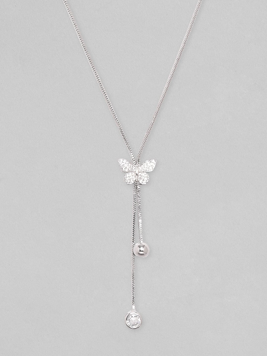 Rubans Rhodium Plated, Minimal Chain Butterfly Motif Zircons Studded Drop Necklace.