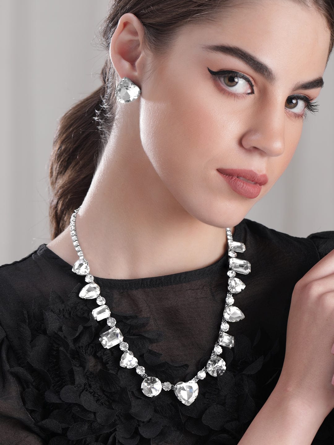 Rubans Rhodium Plated Multi Crystal Statement Necklace Set