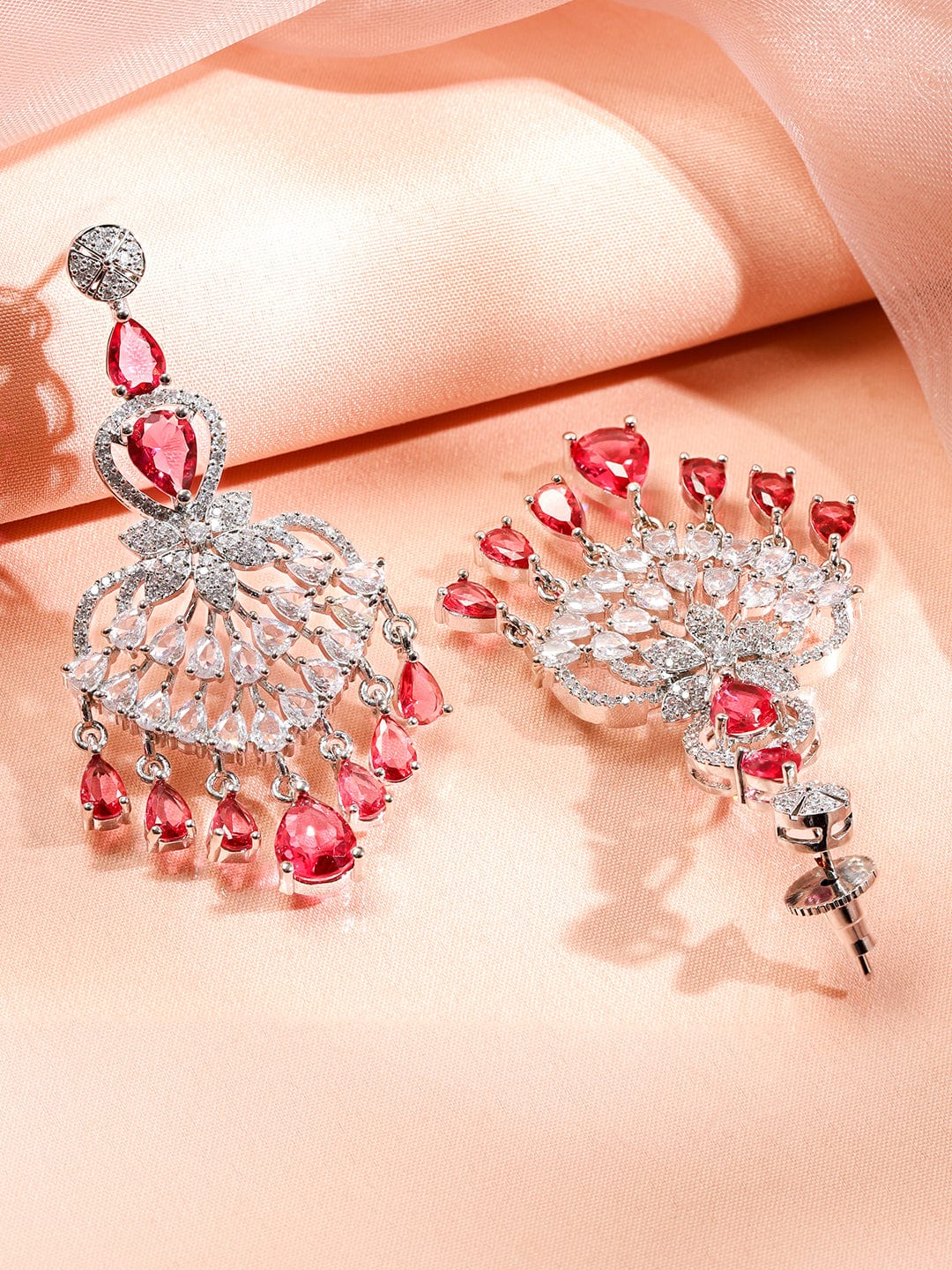 Rubans Rhodium-Plated Multi-Layer Ruby Red & Cubic Zirconia Chandelier Luxe Statement Necklace Set