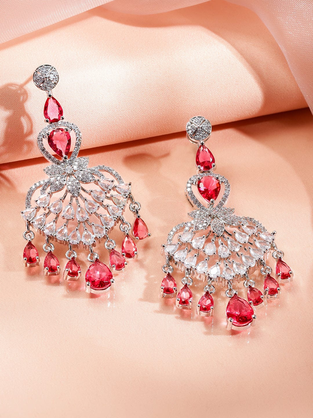 Rubans Rhodium-Plated Multi-Layer Ruby Red & Cubic Zirconia Chandelier Luxe Statement Necklace Set