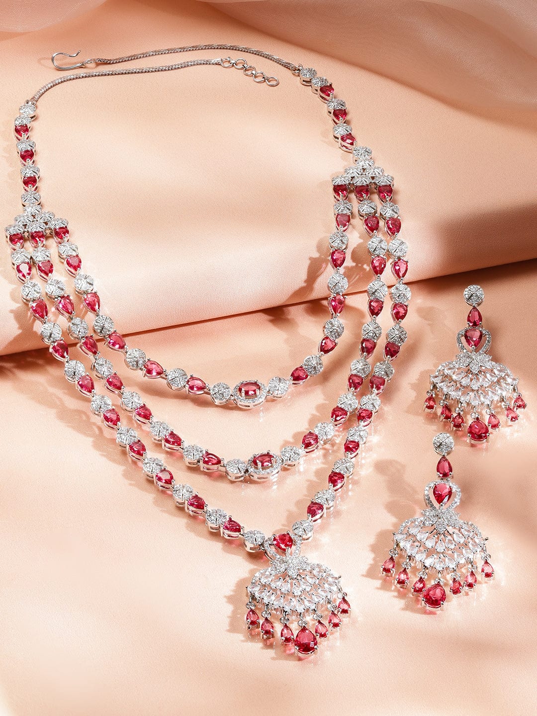 Rubans Rhodium-Plated Multi-Layer Ruby Red & Cubic Zirconia Chandelier Luxe Statement Necklace Set