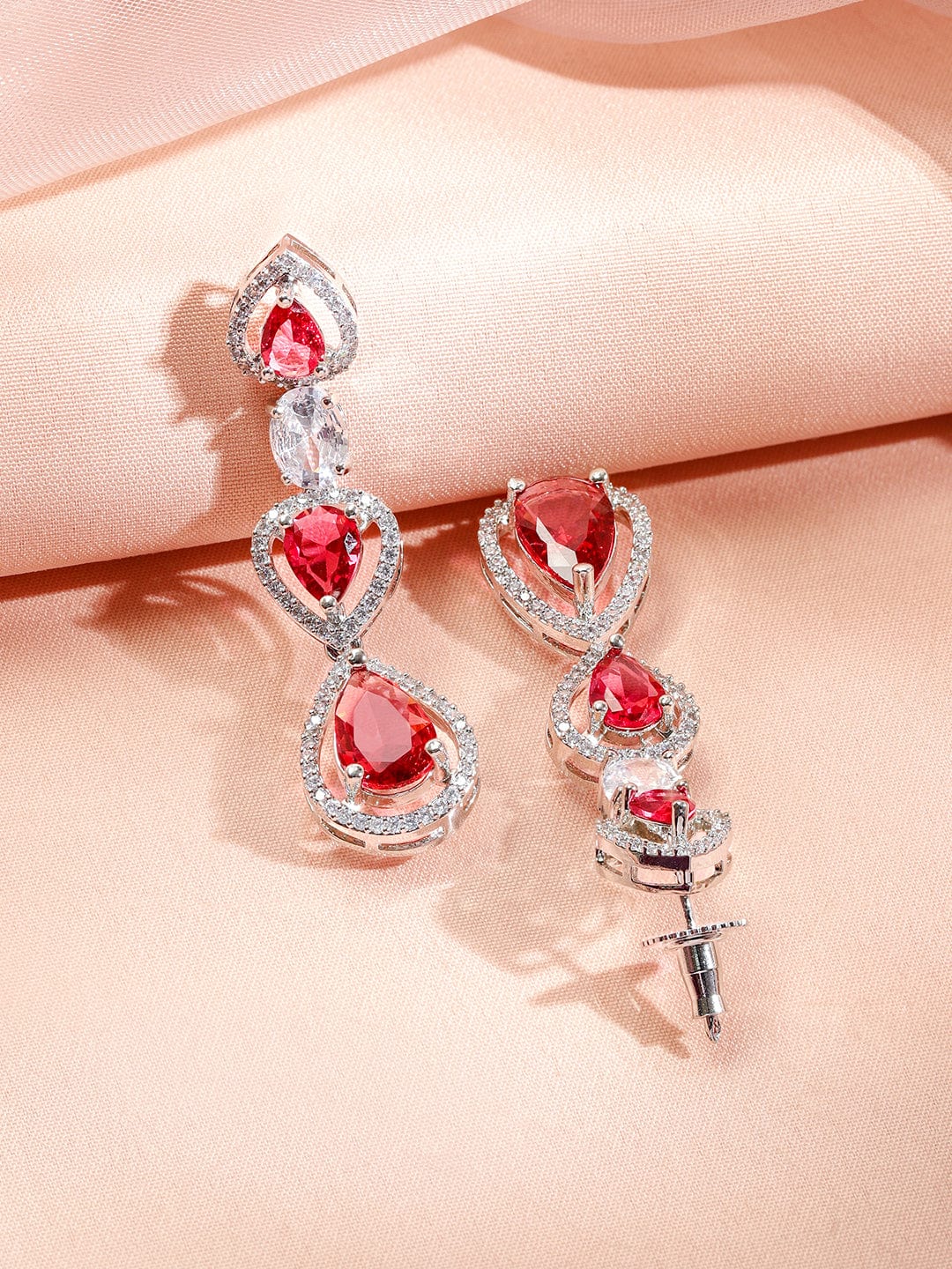 Rubans Rhodium-Plated Multi-Layer Ruby Red & Cubic Zirconia Studded Luxe Statement Necklace Set