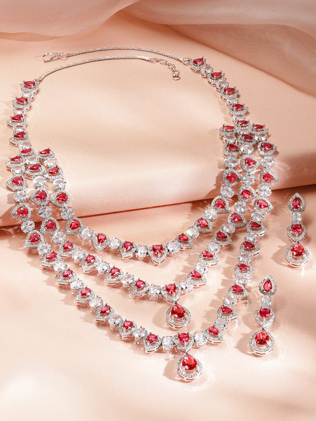 Rubans Rhodium-Plated Multi-Layer Ruby Red & Cubic Zirconia Studded Luxe Statement Necklace Set