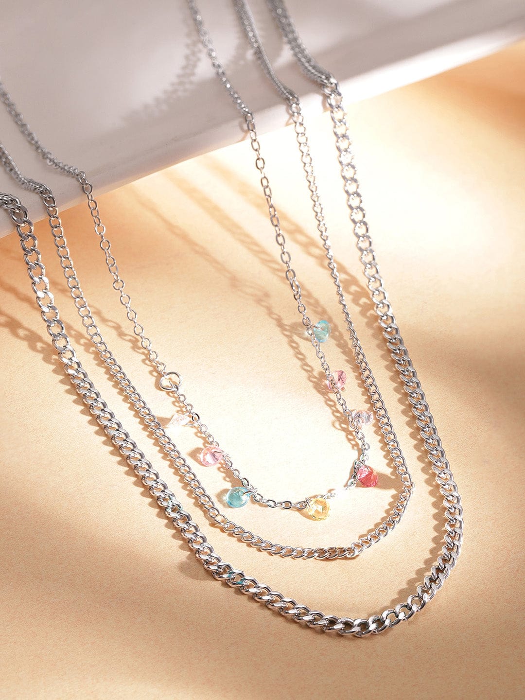 Rubans Rhodium-Plated Multicolor Crystal Charms Link Multi-Layered Necklace & Chains