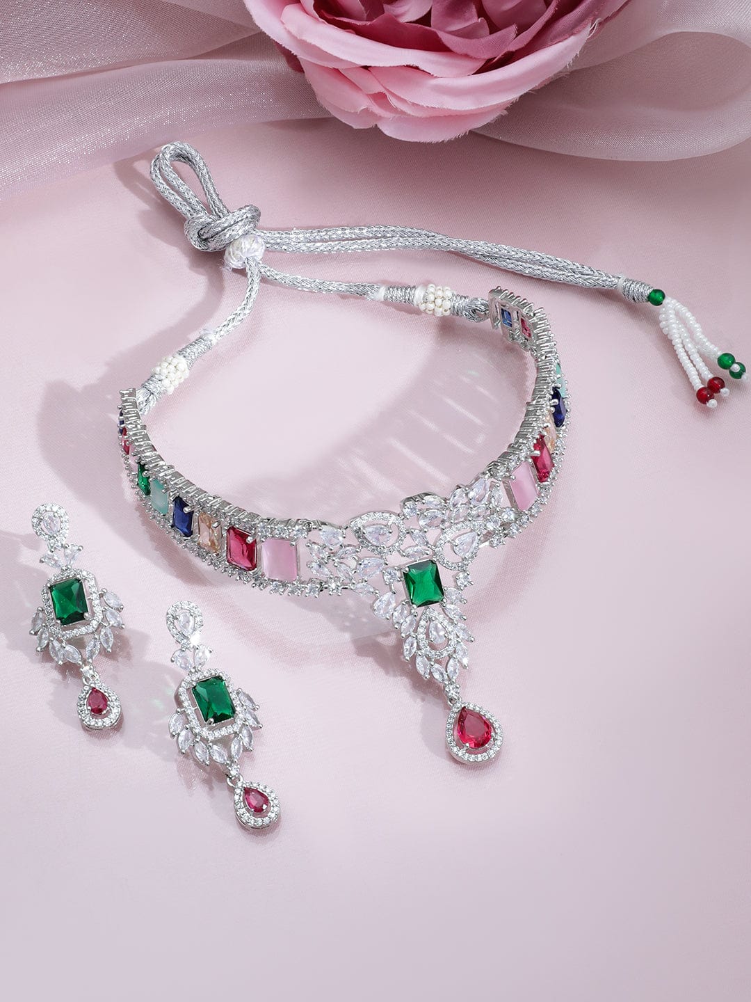 Rubans Rhodium-Plated Multicolor Gemstone & Cubic Zirconia Studded Choker Necklace Set