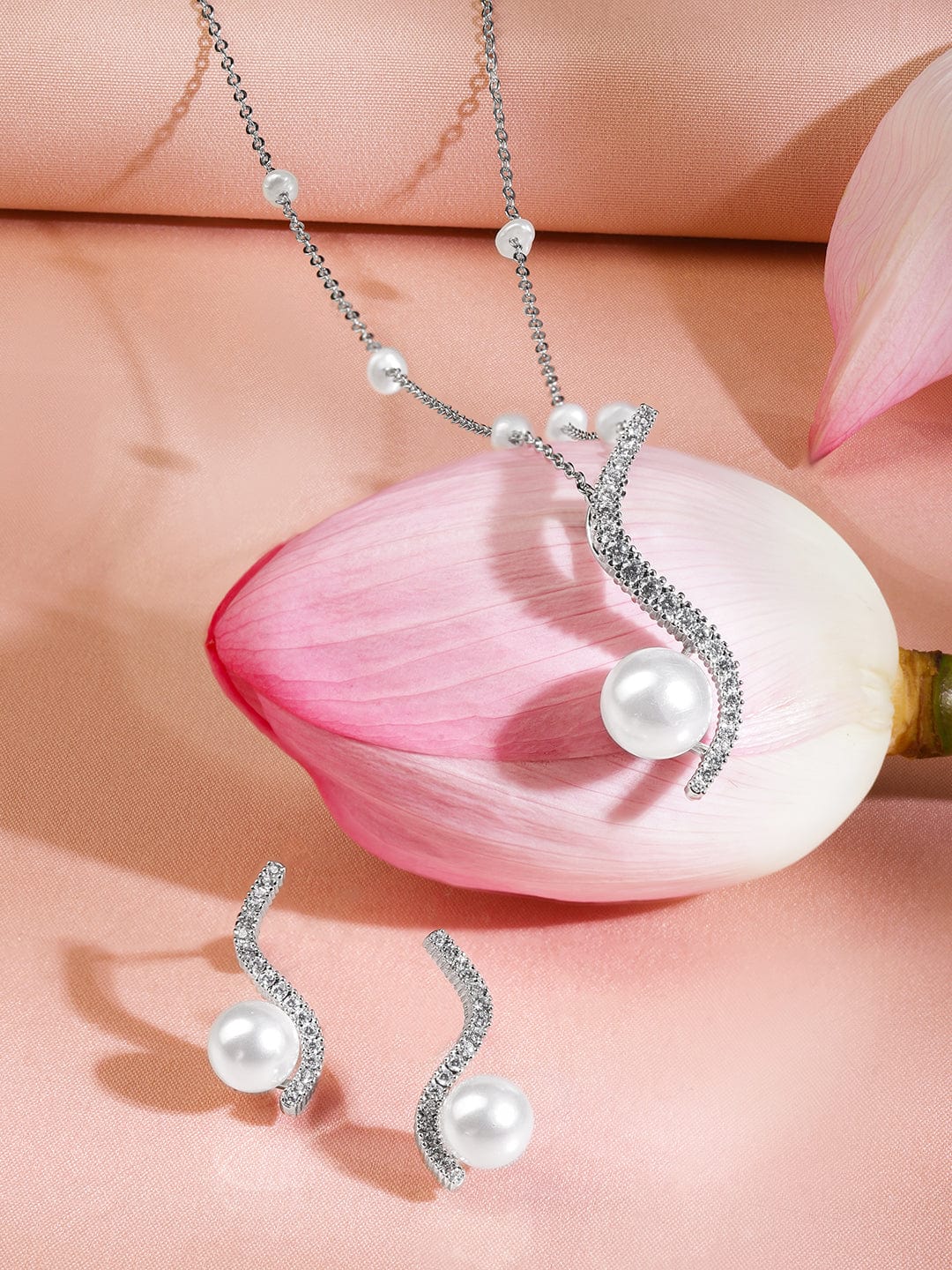 Rubans Rhodium-Plated Pearl & White Cubic Zirconia Pendant Necklace Set