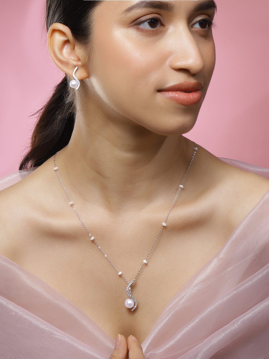 Rubans Rhodium-Plated Pearl & White Cubic Zirconia Pendant Necklace Set