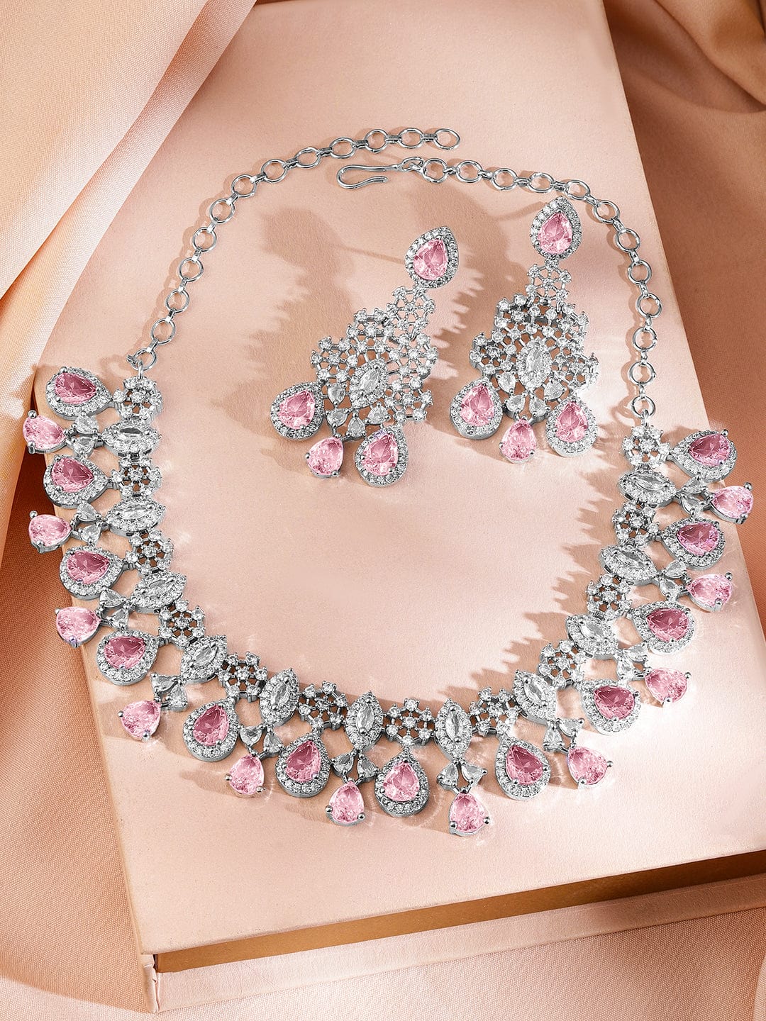 Rubans Rhodium-Plated Pink AD & Cubic Zirconia Studded Statement Necklace Set