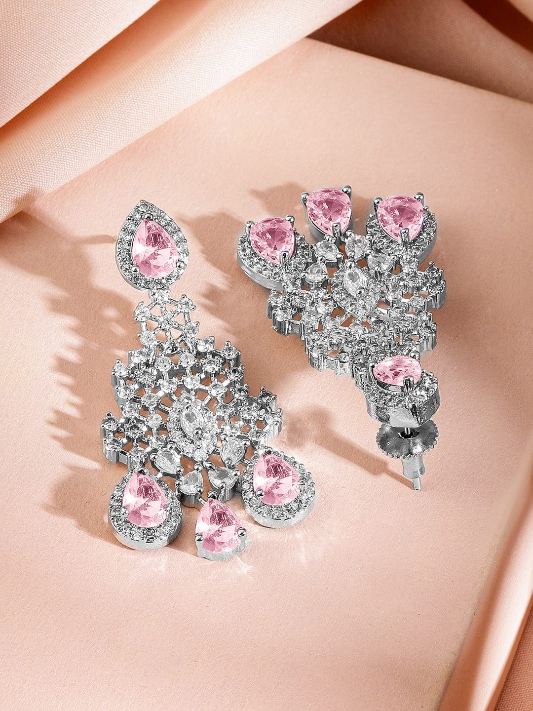 Rubans Rhodium-Plated Pink AD & Cubic Zirconia Studded Statement Necklace Set