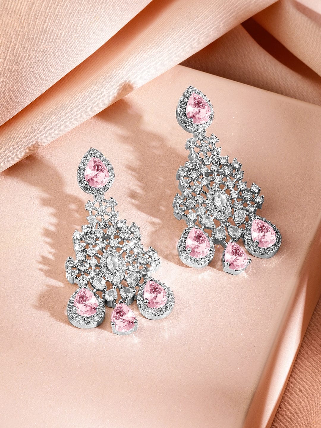 Rubans Rhodium-Plated Pink AD & Cubic Zirconia Studded Statement Necklace Set