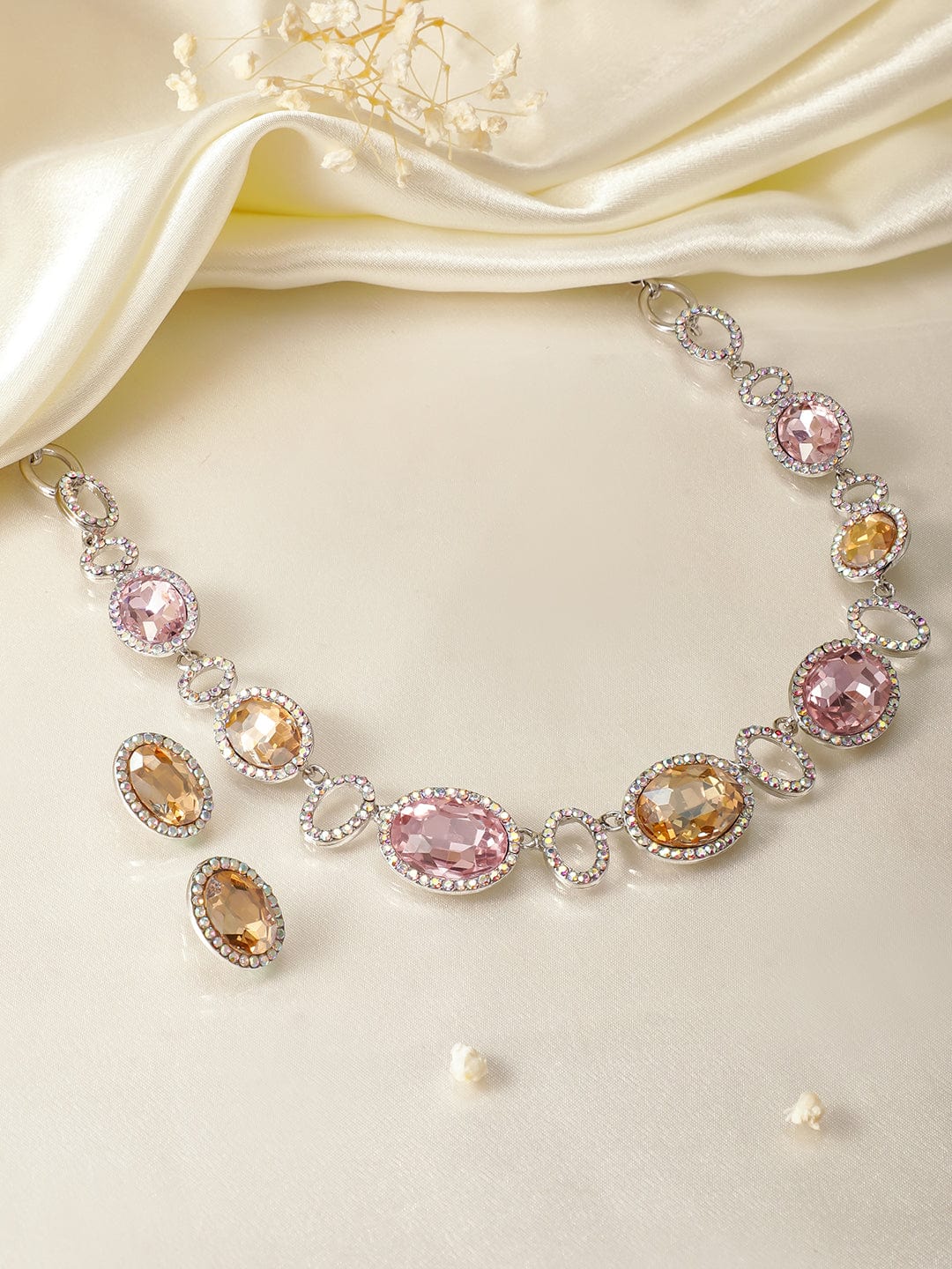 Rubans Rhodium Plated Pink & Golden Oval Cubic Zirconia Studded Statement Necklace Set