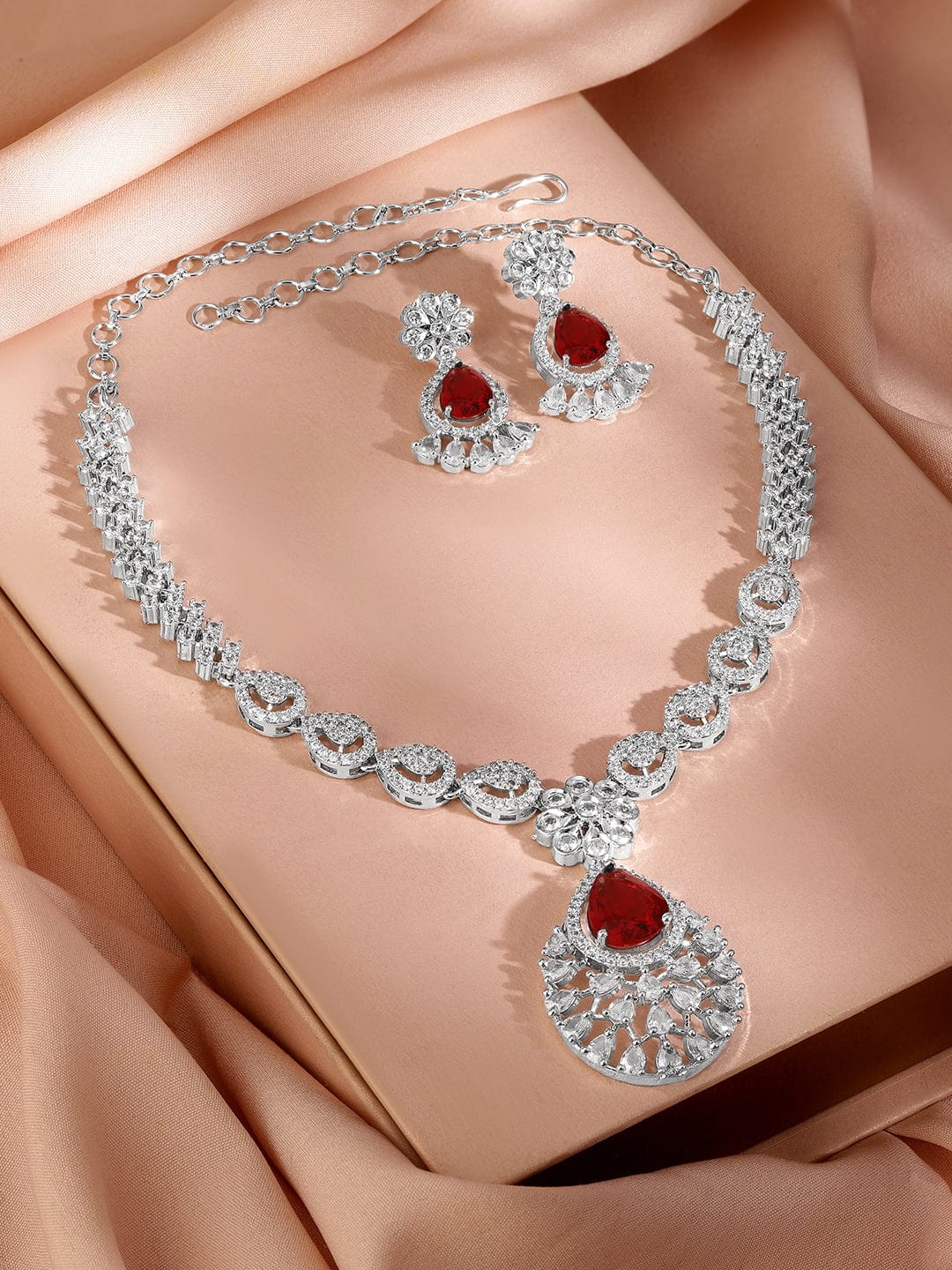 Rubans Rhodium-Plated Ruby Red AD & Cubic Zirconia Studded Necklace Set