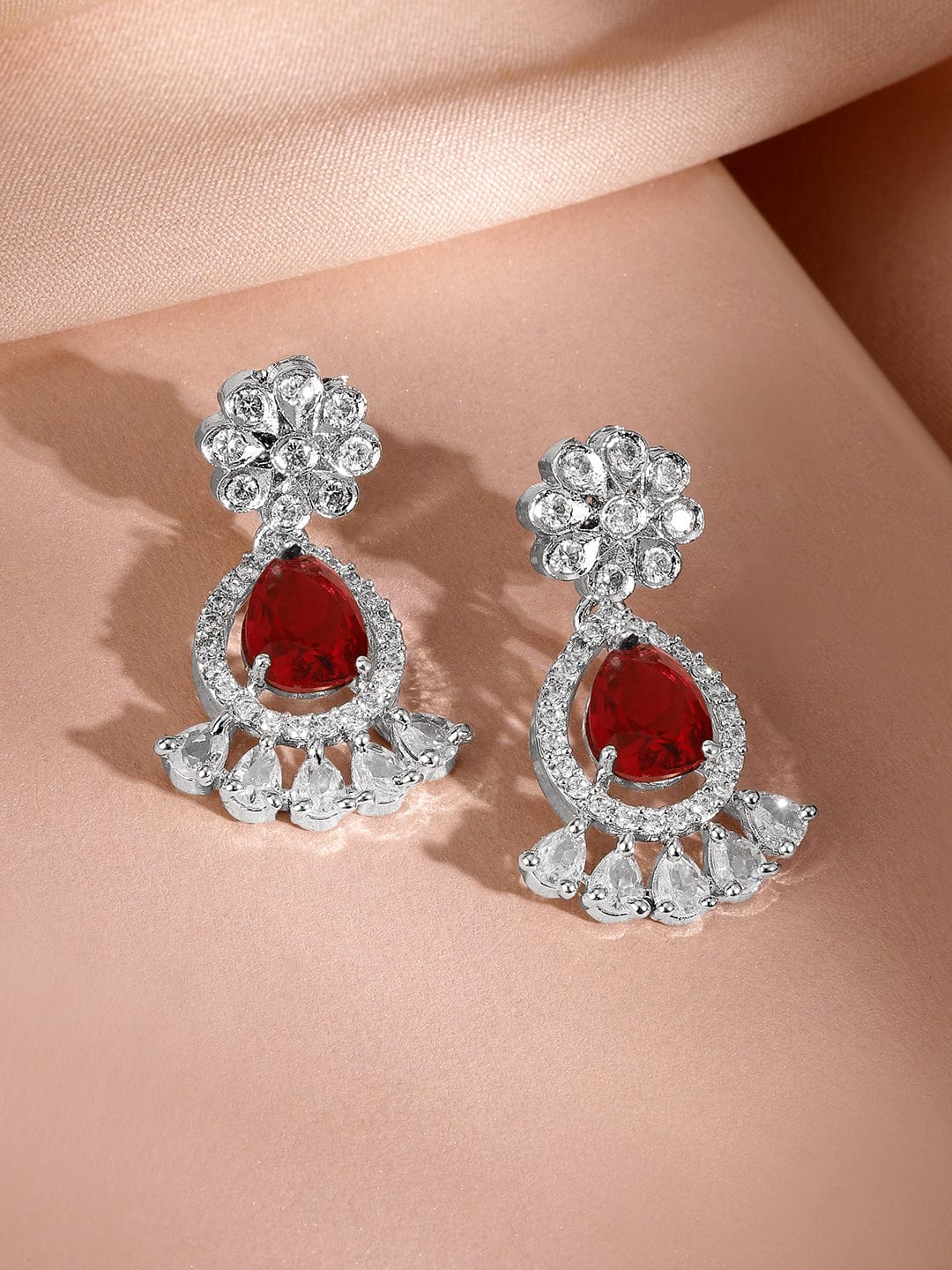 Rubans Rhodium-Plated Ruby Red AD & Cubic Zirconia Studded Necklace Set