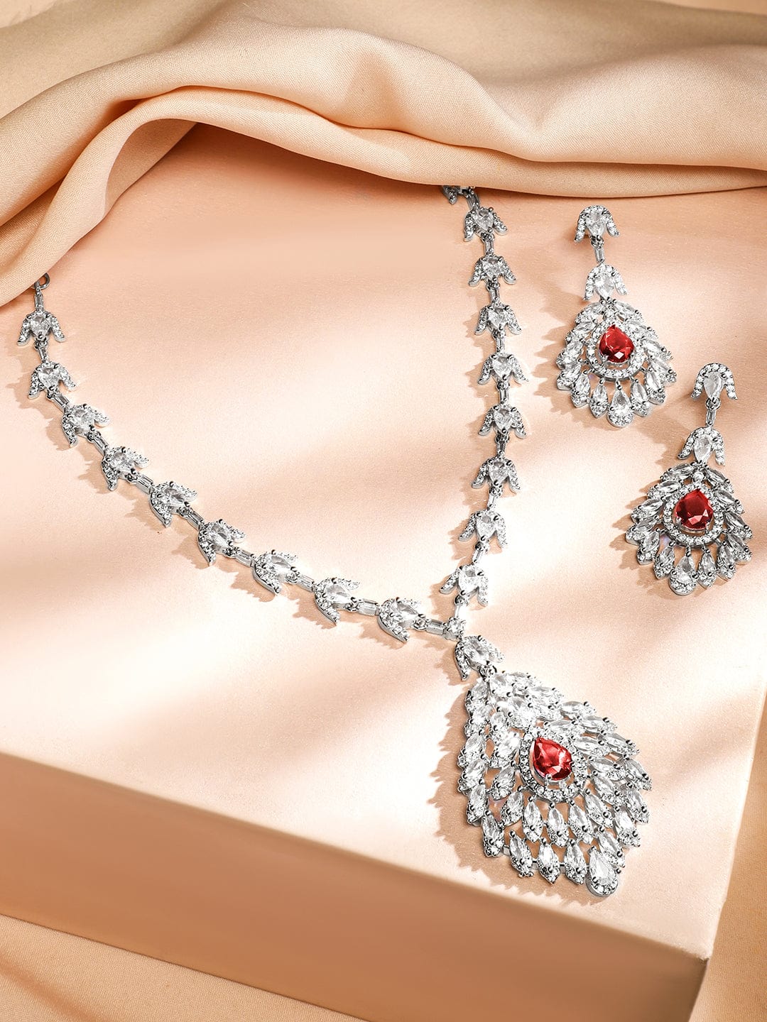 Rubans Rhodium-Plated Ruby Red & White Cubic Zirconia Studded Luxe Drop Necklace Set