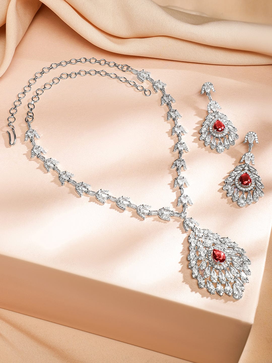 Rubans Rhodium-Plated Ruby Red & White Cubic Zirconia Studded Luxe Drop Necklace Set