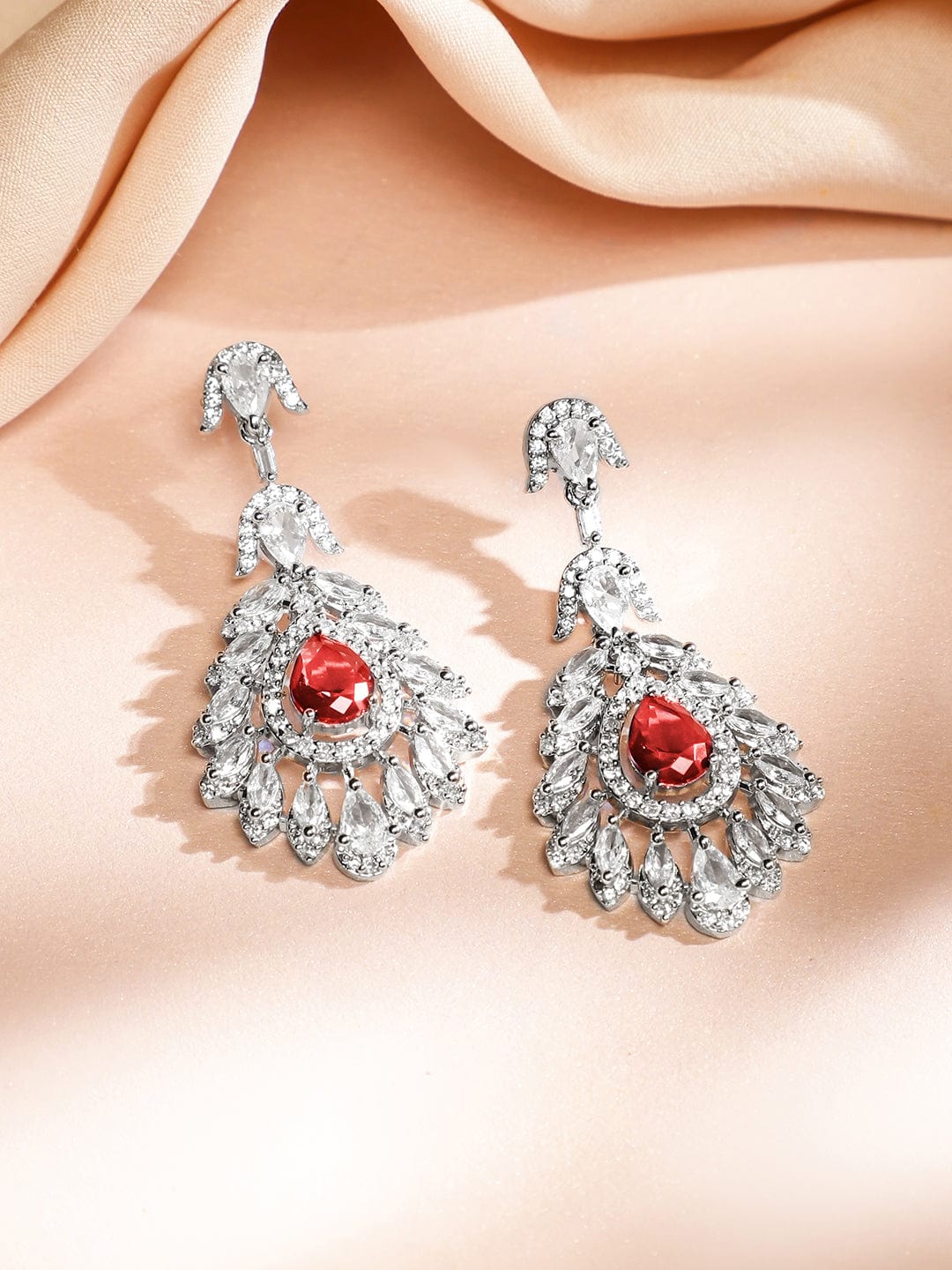 Rubans Rhodium-Plated Ruby Red & White Cubic Zirconia Studded Luxe Drop Necklace Set