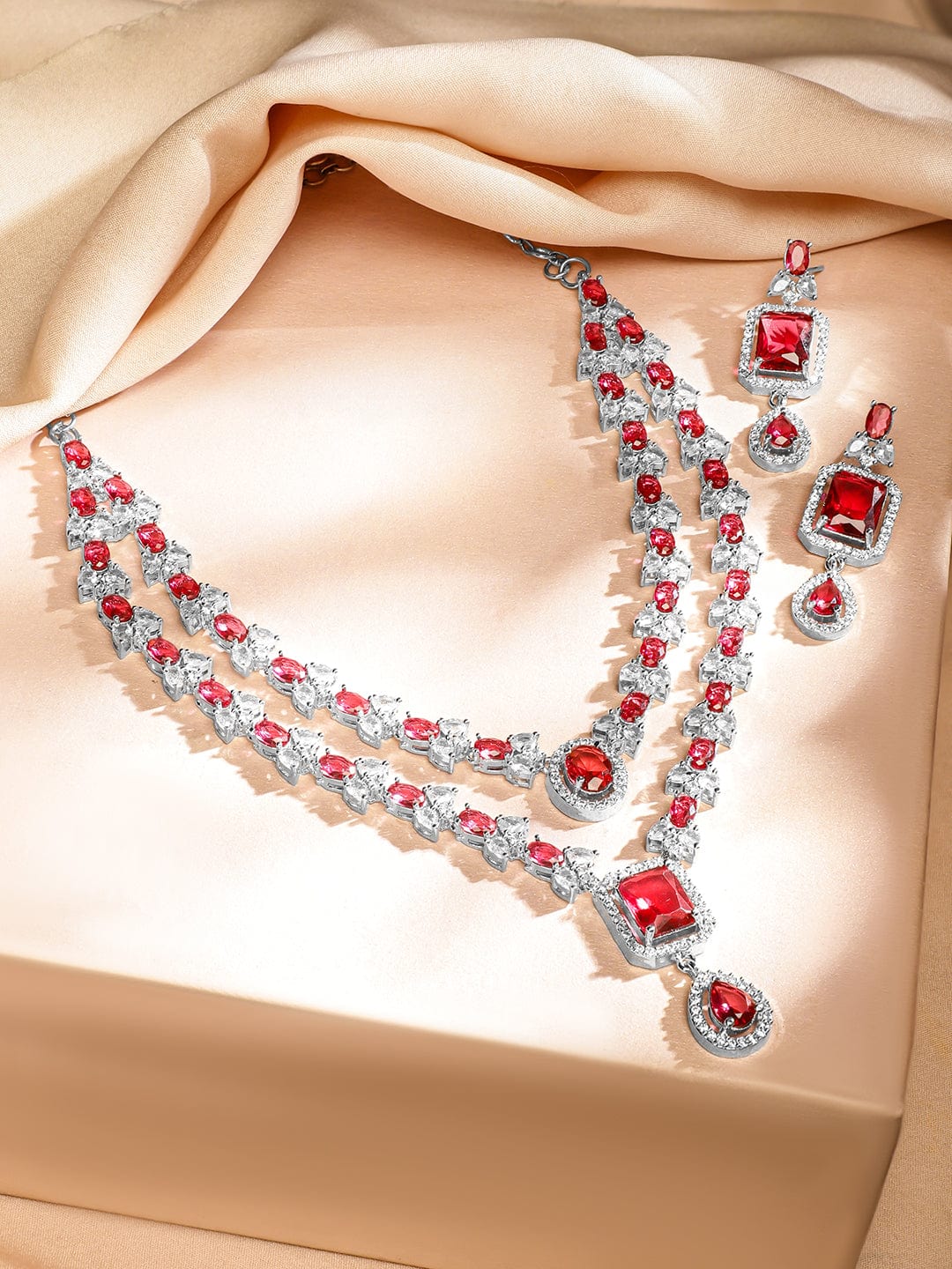 Rubans Rhodium-Plated Ruby Red & White Cubic Zirconia Studded Luxe Layered Necklace Set