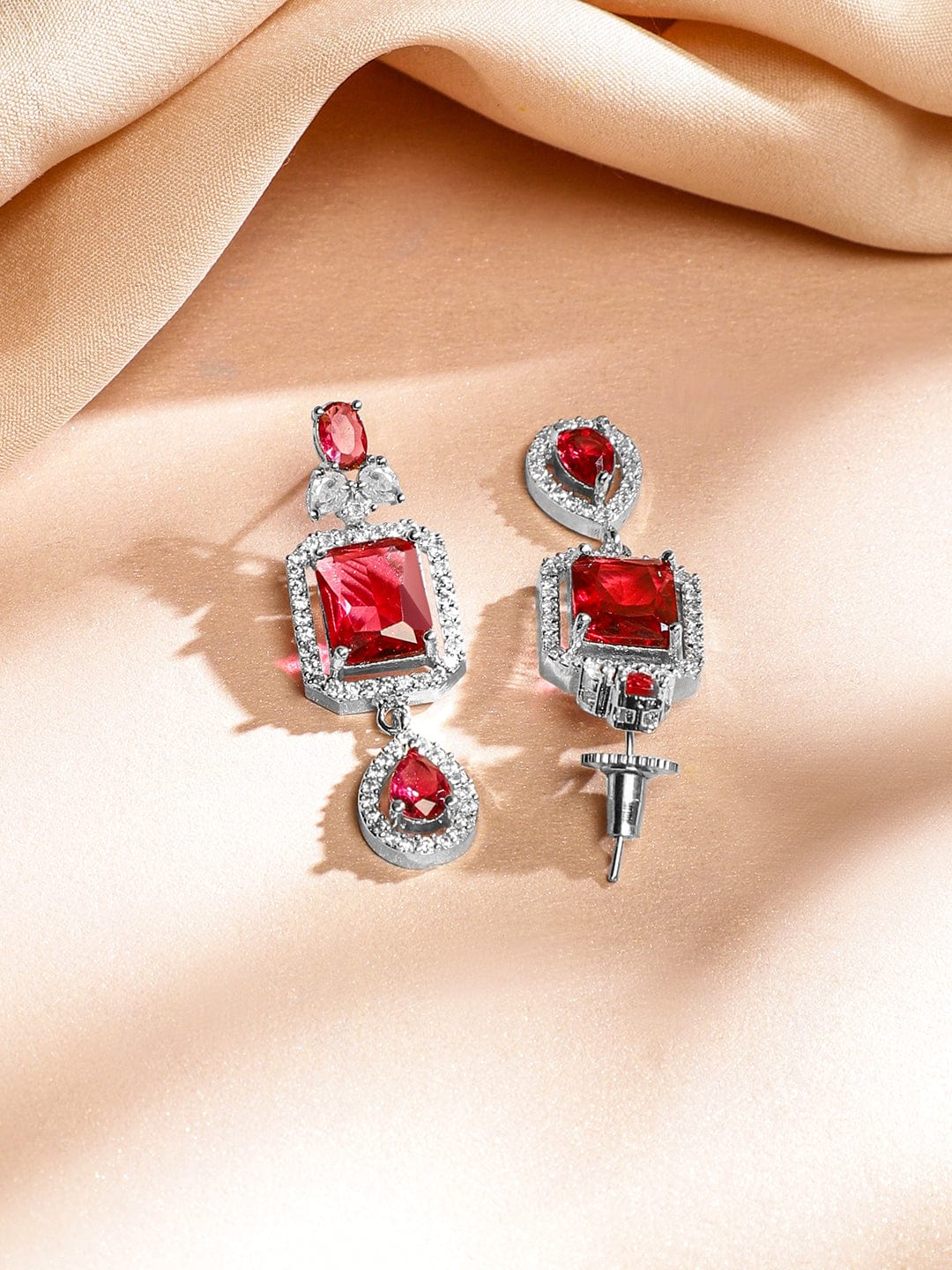 Rubans Rhodium-Plated Ruby Red & White Cubic Zirconia Studded Luxe Layered Necklace Set