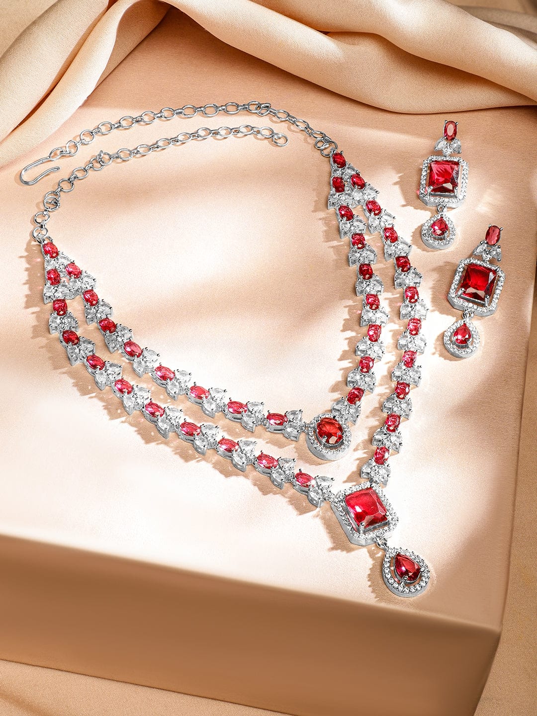 Rubans Rhodium-Plated Ruby Red & White Cubic Zirconia Studded Luxe Layered Necklace Set