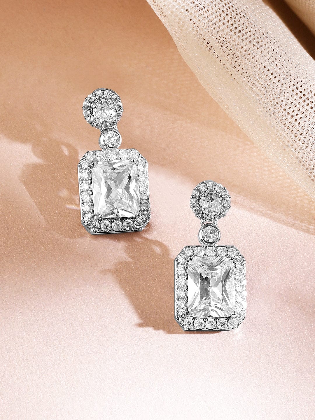 Rubans Rhodium-Plated Sparkling Cubic Zirconia Studded Pendant Necklace Set