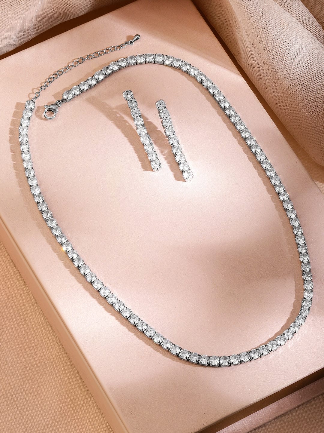 Rubans Rhodium-Plated Sparkling Cubic Zirconia Studded Tennis Statement Necklace Set